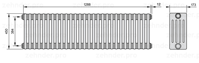 Схема (чертеж) Радиатор Zehnder Charleston 5045/28 №1270 Белый глянцевый RAL 9016